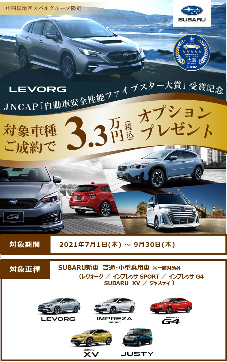 中四国スバルグループ限定jncap 自動車安全性能ファイブスター大賞 受賞記念オプション3万円プレゼントキャンペーン 四国スバル株式会社